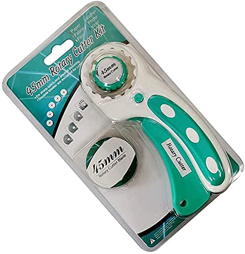 45mm Rotary Cutter with 9pcs Extra Rotary Blades, Ergonomic Rolling Cutter with Safety Lock for Fabric, Sewing, Quilting, Cloth, Paper, Leather, Crafting, Fabric Rotary Cutter (Cyan) - color: Cyan, size: 45mm
