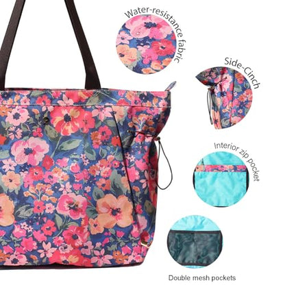 ESVAN Yoga Tote Bag for Women Drawstring Canvas Shoulder Bags for Workout Travel Carryall Pilates Gym and Beach - color: Blue Flower