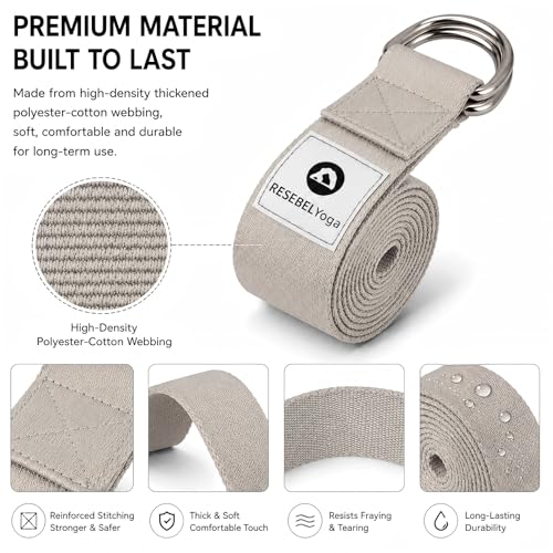 Yoga Strap for Stretching, Non-Elastic Yoga Belt with D-Ring | Thickened cotton strap in 6ft & 8ft sizes for Pilates, gym workouts, physical therapy, flexibility and posture support - color: Grayish White, size: 8Feet/2.4M
