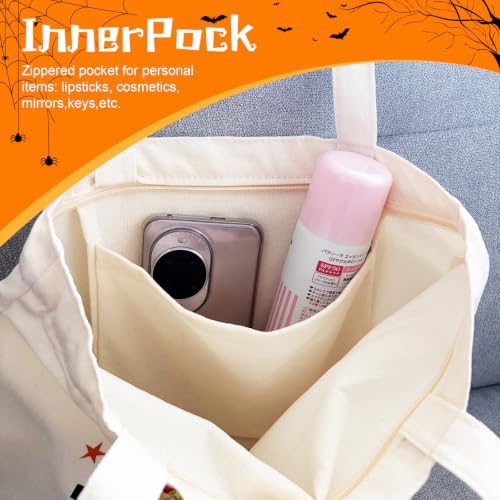 Canvas Tote Bag with Zipper for Women, Halloween Trick or Treat Bags Bulk | 13.8" x 15.3" Fashionable Two-Tone Cotton Tote Bag for Crafts, DIY Your Creative Designs - color: [A0] Halloween - Beige