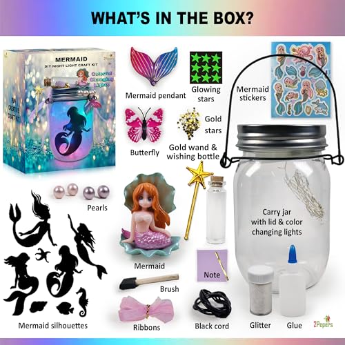Make Your Own Mermaid Toy Night Light Lantern Jar Arts & Crafts For Girls, DIY Mermaid Gifts For Girls Ages 4 5 6-8 8-10 8-12 & Teens. Best Little Mermaid Craft Kit Projects & Kids Birthday Present - color: Turquoise- Mermaid
