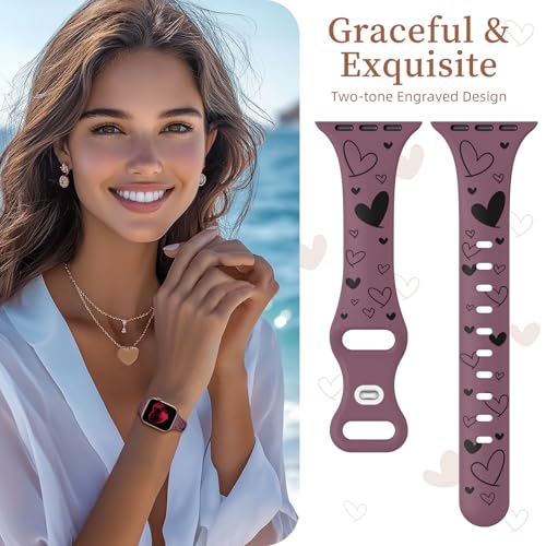 Lerobo Slim Thin Two-Tone Compatible with Apple Watch Band 40mm 38mm 41mm 42mm 44mm 45mm 46mm 49mm for Women- Soft Cute Flower/Heart Engraved Sport Band for iWatch Series 11 10 9 8 7 6 5 4 3 SE Ultra - color: A Smoke Purple/Black, size: 44mm/45mm/46mm/49m