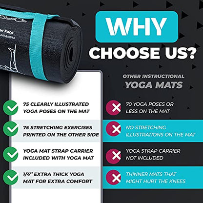 Instructional Yoga Mat with Carrying Strap: Cute Yoga Mat with 75 Illustrated Yoga Poses + 75 Easily-Followed Stretching Exercises - 1/4” Thick, Non-Toxic, Non-Slip Yoga Mats for Women and Men - color: Jet Black (68" x 24")