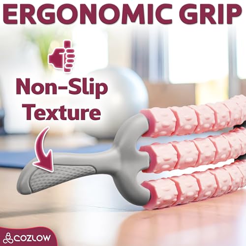 Triple Roller Massage Stick - Body Massager for Muscles - Fascia Rolling Tool - Deep Tissue Therapy for Myofascial Release and Lymphatic Drainage - Handheld Anti Cellulite Device - by Cozlow - color: Pink