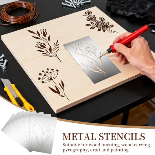 Eageus 8 Pcs Metal Stencils Wood Burning Stencil Lettering Stencils for Painting, Reusable Sunflower Flower Template for Wood Carving Drawing Engraving Journal Craft(Plant Style) - style: Plant Style