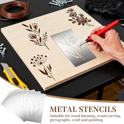 Eageus 8 Pcs Metal Stencils Wood Burning Stencil Lettering Stencils for Painting, Reusable Sunflower Flower Template for Wood Carving Drawing Engraving Journal Craft(Plant Style) - style: Plant Style