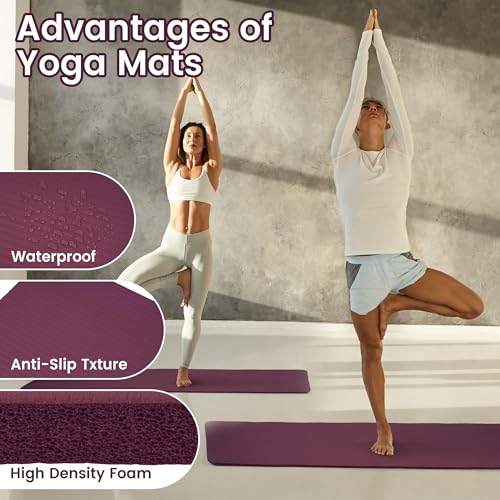 Fitvids Yoga Mat, 1/2-Inch Extra Thick High Density Exercise Mat, Anti-Tear Exercise Yoga Mat with Carrying Strap, Suitable for Various Yoga Exercises - color: Deep Wine