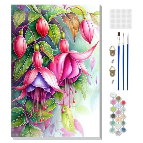 DOMROM Framed Paint by Numbers Kit for Adults, Fuchsia Flower DIY Paint by Number Kits on Canvas, Easy Canvas Painting by Numbers for Home Wall Decoration Gift 8x12 Inch - color: OMQ068