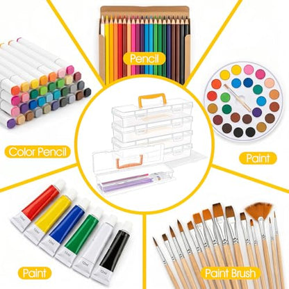 5 Pack Paint Brush Storage Box Portable 13 Inch Long Art Supply Case with Handle Clear Plastic Organizer for Drawing Tools Pencils and Craft Supplies