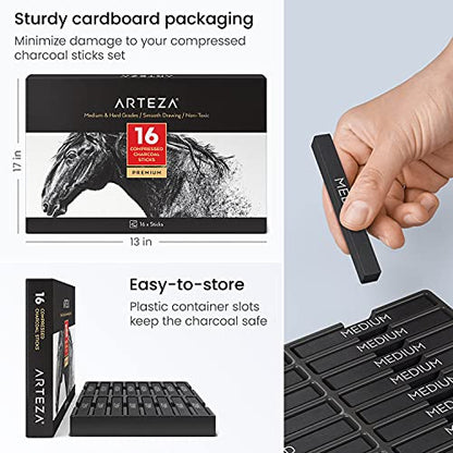 ARTEZA Compressed Charcoal Sticks Set of 16 – Medium and Hard Drawing Crayons for Sketching, Shading, Line Work in Charcoal Art and Figure Drawing
