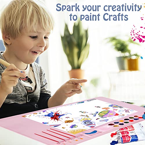 Silicone Painting Mat,Painting Stations Kit [1x Apron,1 Pair Oversleeve,20 Pieces Brushes] Craft Silicone Mats 21"X17" with Detachable Cup for Kids Gift,Paint, Clay, DIY Projects - color: Pink