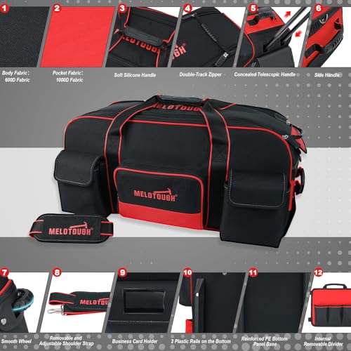 MELOTOUGH Rolling Tool Bag with Wheels,Large Capacity Tool Bag Organizer with Concealed Telescoping Handle for Electrician,Construction,HVAC,Technician (Red/Black) - color: Red/Black
