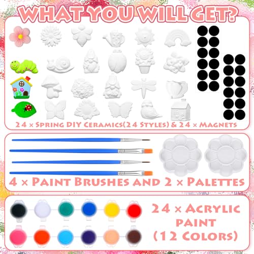 Simgoing 24 Sets Ceramic Painting Kit with Paints Brushes Magnets | Ready to Paint Ceramics Painting Crafts Arts Set with Soft Magnetic Strips for Kids DIY Assorted Shapes Like Flowers Animals - style: Spring