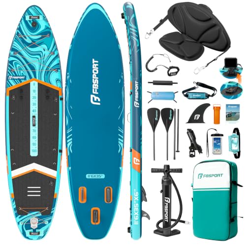FBSPORT 11' Premium Stand Up Paddle Board, Yoga Board with SUP Accessories & Carry Bag | Wide Stance, Surf Control, Non-Slip Deck, Leash, Paddle and Pump for Youth & Adult - color: Blue Orange