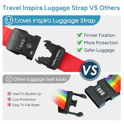 Travel Inspira Heavy Duty Luggage Straps with TSA Lock | Cross-Strap Design; 103-200cm Length; TSA Lock with Tag; Nylon Webbing; Quick Buckle; High Visibility Red;Anti-Burst - color: Cross Red-New