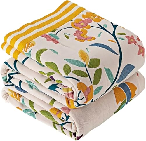 Boho Throw Blanket for Bed 100% Cotton Bohemian Blankets Ultra Soft Woven Muslin Decorative Blankets All Seasons Vintage Quilt Knitted Blanket for Sofa Chair(Yellow, 80"x90") - color: P-1--yellow, size: 80"x90"