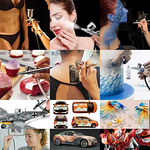 1/5HP Quiet Airbrush Compressor Kit – Dual-Action Gravity Airbrush with Holder, 5 Cleaning Brushes, 1 Reamer & 6FT Hose for Model Painting, Tattoo, Makeup