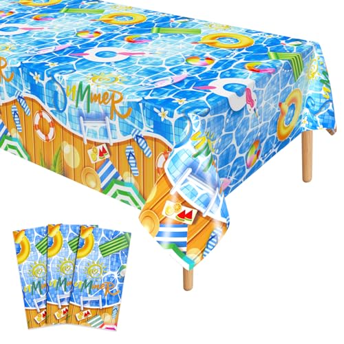 3 Pieces Pool Party Plastic Tablecloths, 54 * 108 Inch Summer Beach Table Covers, Hawaiian Beach Theme Table Cloth for Pool Party Decorations - color: Pool