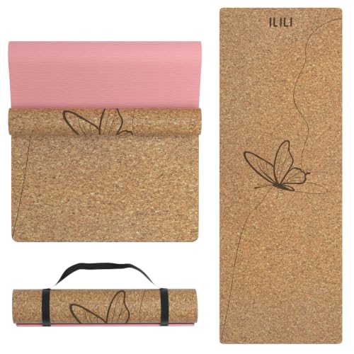 ILILI Cork Yoga Mat Eco-Friendly 1/4 Inch Thick | 72"×26" Natural Cork TPE Exercise Mat, 2 lbs Lightweight Non Slip Mat for Hot Yoga and Gym Workout, Carry Strap - color: Cork+Pink