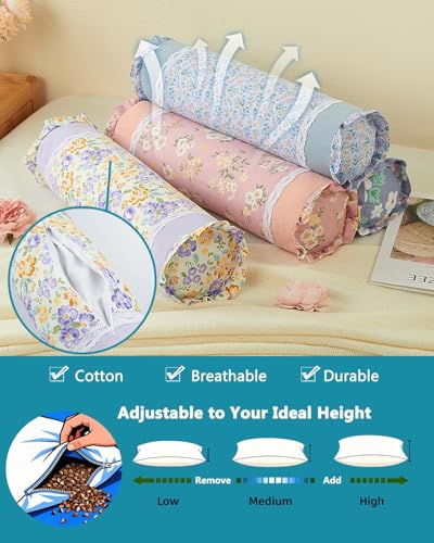 Neck Pillow for Sleeping - Buckwheat Hull Pillow Adjustable Cervical Roll Pillow 15.7" x4.7”, Cylinder Pillow for Neck Support, Round Neck Pillow Bolster with Removable Cover, Purple - color: Flower-purple