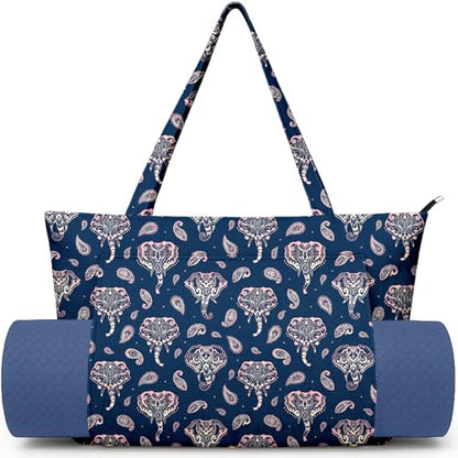 Yoga Bag for Women, Large Canvas Yoga Mat Tote Bag with Yoga Mat Carrier | Large Mat Pocket Fitness Tote for Pilates, Gym, Travel, Office & Beach - color: Blue Elephant