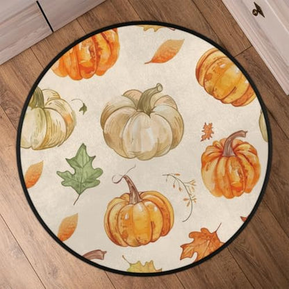 Autumn Pumpkin Leaves Round Area Rug 5Ft Thanksgiving Harvest Circle Carpet - color: Pumpkin Leaves, size: 5 ft