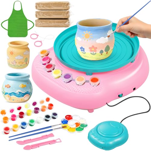 Weilim Pottery Wheel for Kids Beginners, Air-Dry Clay & Paint Kit Ages 6-12 | 3 Clay Packs, 14 Paint Colors, Sculpting Tools, Brushes, Palette,Apron; Gentle Beginner Spin, USB Rechargeable, No Oven - color: Easter