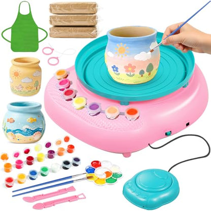 Weilim Pottery Wheel for Kids Beginners, Air-Dry Clay & Paint Kit Ages 6-12 | 3 Clay Packs, 14 Paint Colors, Sculpting Tools, Brushes, Palette,Apron; Gentle Beginner Spin, USB Rechargeable, No Oven - color: Easter