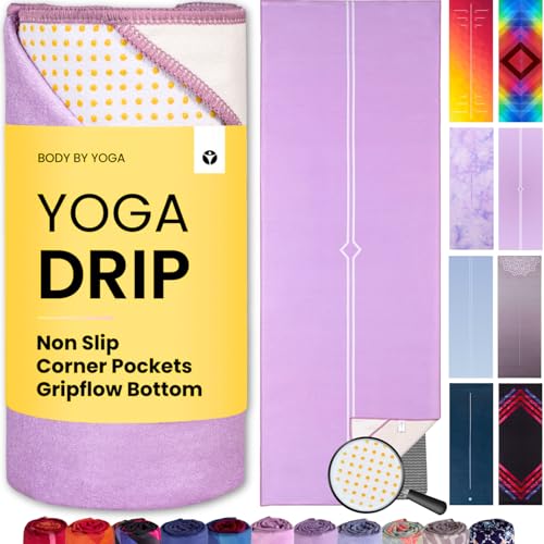 Yoga Drip: Hot Yoga Towel – Non Slip Yoga Mat Towel with Corner Pockets, Silicone Grip Dots & Subtle Alignment Lines | Sweat Absorbent, Moisture Wicking, Quick Dry | No Bunching or Sliding | 72” x 26” - color: Lavender Love