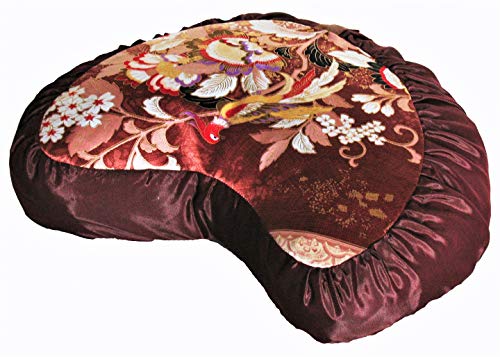 Meditation Cushion Crescent Zafu Pillow Japanese Kimono Silk Red Bird - color: Red Bird