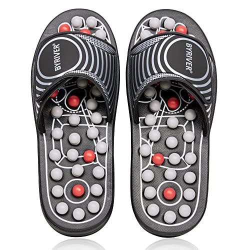 BYRIVER Foot Reflexology Tools Pressure Point Massage Mat Slippers Slides Sandals Shoes, Back Knee Feet Arch Heel Pain Tension Relief Products, Relaxation Gifts for Mom Dad Parents(02L) - color: Black Spring Slippers, size: L-Men(9.5-10.5)