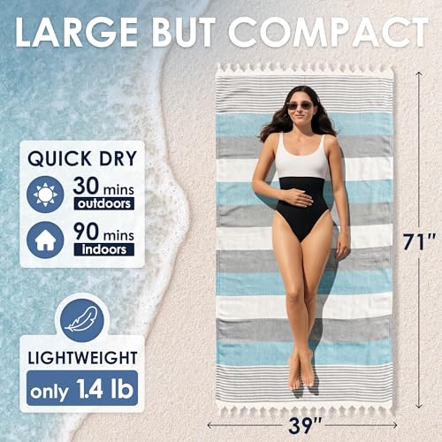 ATANI Turkish Beach Towel, Converts to a Bag, Oversized 100% Cotton Bath Towels Lightweight Quick-Dry Beach Blanket for Travel, Picnic, Camping, Yoga and Pool (Grey x Turquise, 71 inc x 39 inc) - color: Grey X Turquise, size: 71 inc x 39 inc