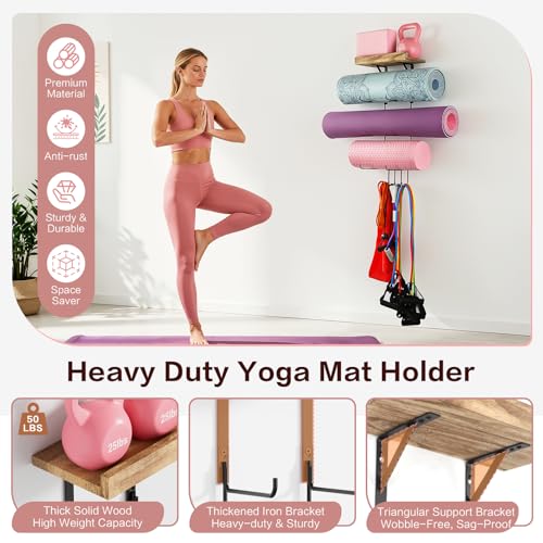 VINAEMO Yoga Mat Holder Accessories Wall Mount Organizer Storage Decor Foam Roller and Towel Storage Rack with 4 Hooks and Wooden Shelves Yoga Mats Rack Resistance Bands for Home Gym School Office - color: Carbonized Black (matel)