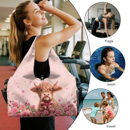 Gym Bag with Yoga Mat Holder Large Tote Bag With Multi Pockets for Women Men Dry Wet Separated Pocket Carryall Yoga Tote Bag for Pilates Travel Workout Office - color: Highland Cattle