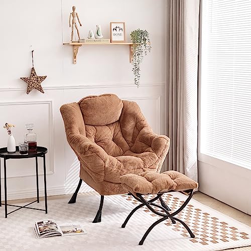 Tiita Modern Large Accent Lounge Chair with Ottoman, Leisure Sofa Armchair with Footrest, Reading Chair for Bedroom, Living Room, Dorm Rooms, Garden and Courtyard - color: Plush-brown