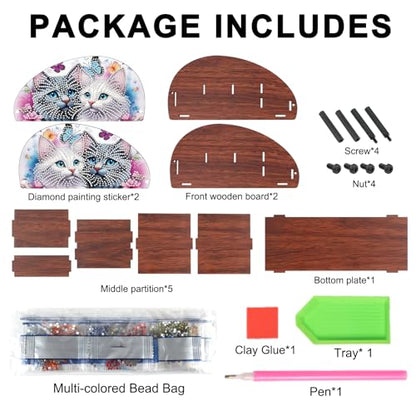 DIY Diamond Painting Storage Box Couple Cats, Handmade 5D Diamond Art Case Multi-Compartment Wooden Desktop Organizer for TV AC Remotes Makeup Brushes Pens Tabletop Holder, Valentine's Day Gift - color: Elegant Cats