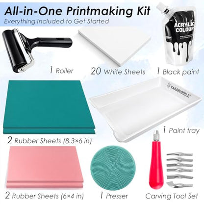 KAKABUBBLE Linocut Kit for Printmaking, Stamp Making Kit with Linoleum Blocks, Carving Tools, Brayer, Ink & Transfer Paper – Block Printing Kit for Beginners, Artists & DIY Crafts
