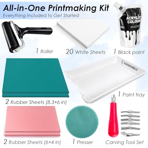 KAKABUBBLE Linocut Kit for Printmaking, Stamp Making Kit with Linoleum Blocks, Carving Tools, Brayer, Ink & Transfer Paper – Block Printing Kit for Beginners, Artists & DIY Crafts
