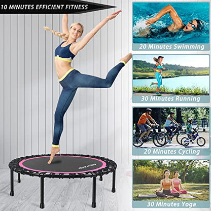 Newan 40"-48" Silent Mini Trampoline Fitness Trampoline Bungee Rebounder Jumping Cardio Trainer Workout for Adults-Max Limit 330lbs - color: 48" Round Pink (NO Handle)