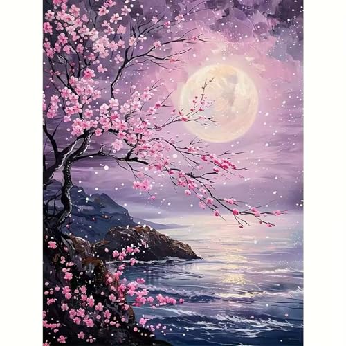 Moon Landscape Diamond Painting Kits for Adults Beginners,Pink Cherry Tree Diamond Art Kits,DIY 5D Diamond Gem Painting with Gem Art for Adults,Home Wall Decor 12 X 16Inch - color: GM8838