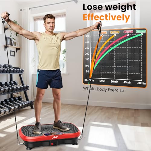 AXV Vibration Plate Fitness Platform Exercise Machine Body Vibrating Board | Curved Design Powerful 200W Bluetooth Oscillating Shake Plate for Lymphatic Drainage Recovery Whole Body Toning With Handles - color: BT.PRO.RED