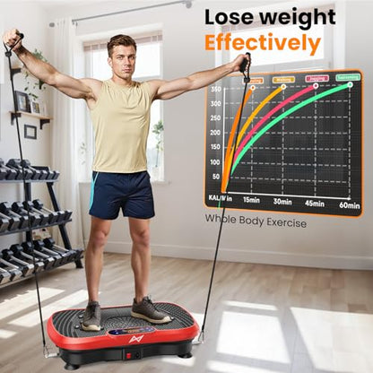 AXV Vibration Plate Fitness Platform Exercise Machine Body Vibrating Board | Curved Design Powerful 200W Bluetooth Oscillating Shake Plate for Lymphatic Drainage Recovery Whole Body Toning With Handles - color: BT.PRO.RED
