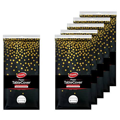 Neatiffy 54 x 108 Inch Rectangle Plastic Table Cloth Picnic/Camping/Birthday Party/Banquet Table Cover. Disposable/Reusable Tablecloths - Black with Golden Dot - color: Black With Golden Dot