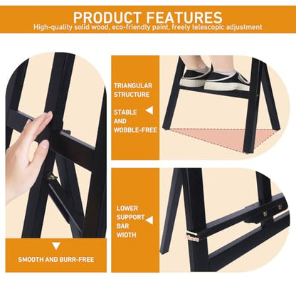 Black Smiley Wooden Easel for Painting, Wedding Signs & Display | Adjustable foldable black easel for painting canvas. Sturdy A-frame stand for wedding signs, displays & studio. - color: Black