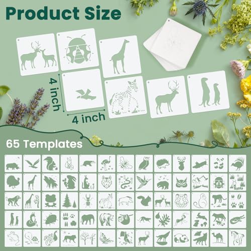 Amrules 65 Pcs Painting Stencils, Animals Theme, 4 x 4 Inch | Plastic, Drawing Templates Set for Crafts, Reusable DIY Art Stencil, For Wood, Walls, Cards, Fabrics, Rocks, Home Decoration - style: Animals