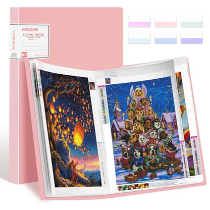 A3 Diamond Painting Storage Book, 60 Views Art Portfolio Presentations Folder with 30 Pages Protectors, 17.3x12.8in - color: Pink