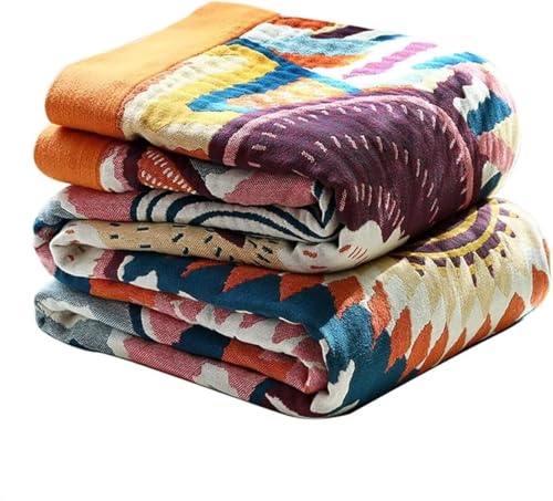 Boho Throw Blanket for Bed 100% Cotton Bohemian Blankets Ultra Soft Woven Muslin Decorative Blankets All Seasons Vintage Quilt Knitted Blanket for Sofa Chair (Colorful, 80"x90") - color: K-colorful World, size: 80"x90"