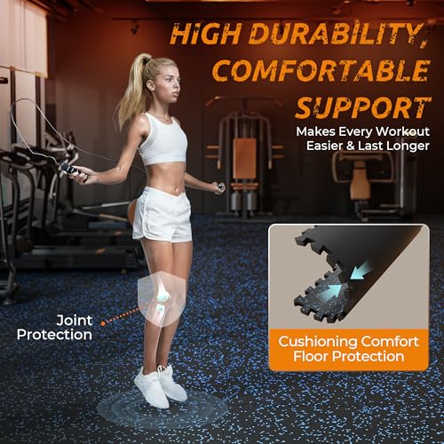 PRAISUN 0.6" Thicker Rubber Top 24 Sq Ft Gym Flooring for Home Gym | 6 Pcs Workout Mat, Exercise Mat, Interlocking Rubber Floor Mats with High Density EVA Foam for Garage, 24 x 24in, Black/Blue - size: 6 Tiles (24 Sq Ft)