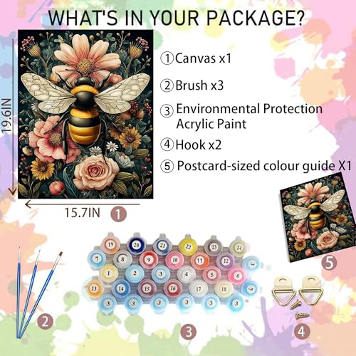 Arttoplus Bee Paint by Numbers Kit for Adults Beginner 16x20 inch | Flowers Adult Paint by Number Kits on Canvas, DIY Acrylic Oil Painting by Numbers for Gift Home Wall Decor (Without Frame) - color: MT22034-US