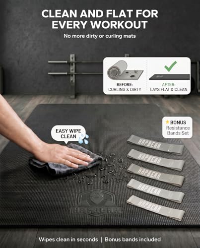 HAPBEAR Large Exercise Mat-6'x4'/7'x5'/6'x8'/6'x9'/6'x10'/6'x12'x 1/3"(8mm) - color: Black-High Density 7'×5'×⅓"